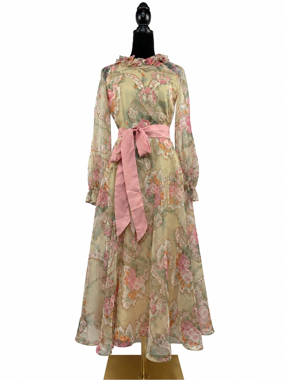 Vintage 1970’s Floral Chiffon Coquette Ruffle Puff Sleeve Midi Dress Size 10
